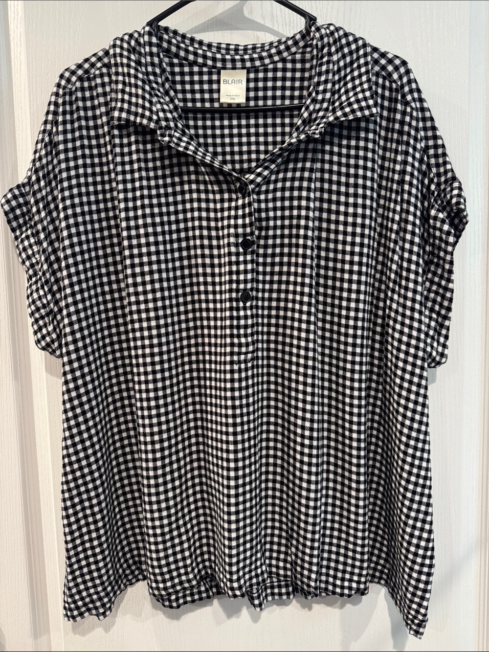 Blair Black & White Gingham Check Popover Blouse 2XL Roll Tab Sleeves